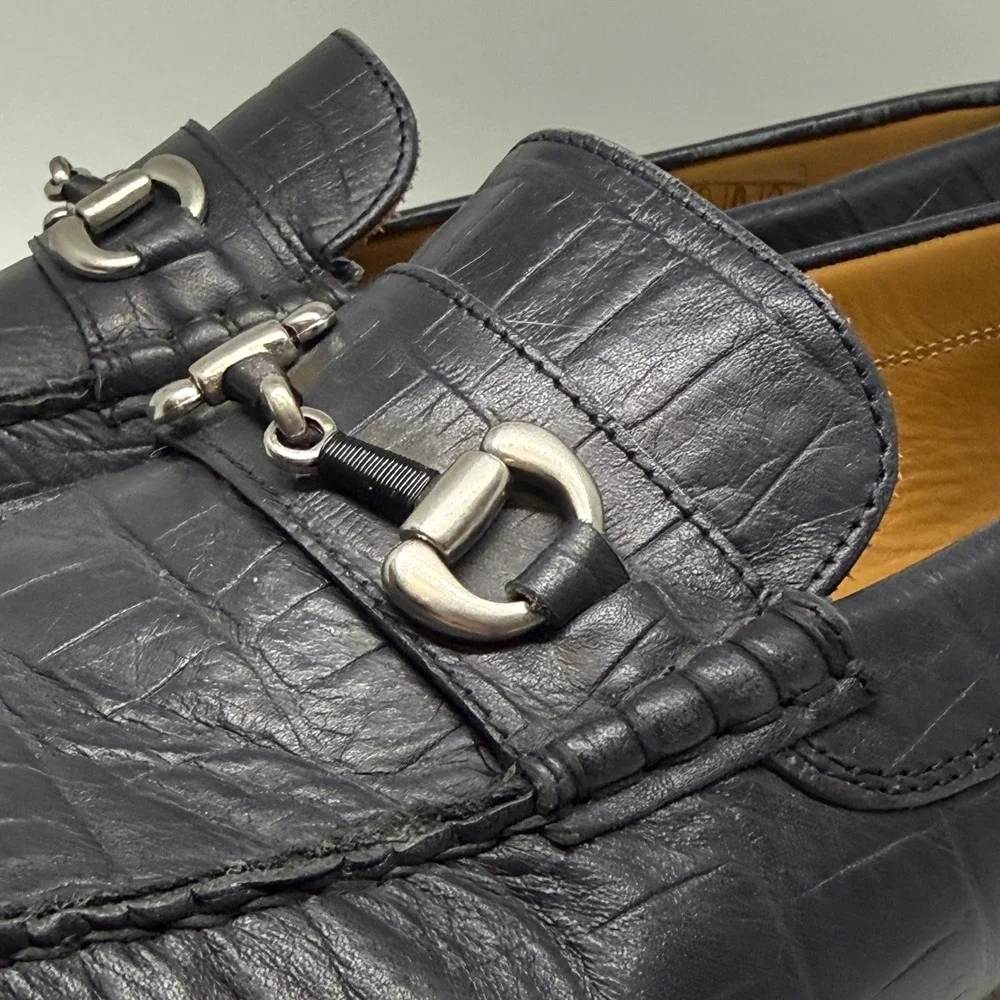 Donald Pliner Mens Blue Embossed Leather Bit‎ Loafer Shoes 11.5M Made in Italy